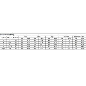 May include: A white chart with black text detailing body measurements in centimeters and inches. The chart includes bust, waist, hip, shoulder, and hollow to floor measurements, with corresponding US, EU, and CN sizes.