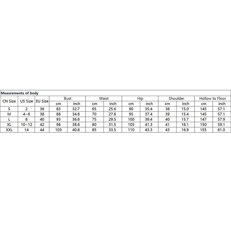 May include: A white chart with black text detailing body measurements in centimeters and inches. The chart includes bust, waist, hip, shoulder, and hollow to floor measurements, with corresponding US, EU, and CN sizes.