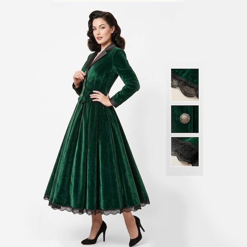 May include: A long-sleeved, emerald green velvet dress with a black lace trim at the hem. The dress features a tailored jacket-style bodice with a black collar and cuffs. A close-up shows a decorative button and lace details.