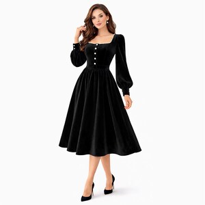 Navy Blue Velvet Midi Dress, Long Sleeve Square Neck A-Line Dress, Modest Wedding Guest Dress, Elegant Cocktail Party Dress for Women Evenin Black