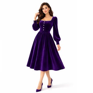 Elegant purple velvet midi dress with pearl trim, square neckline, long sleeves, and a modest feminine silhouette.