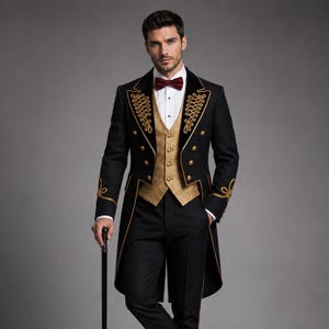 Op de afbeelding: Een zwarte rokkostuumjas met gouden borduursels en gouden knopen, gecombineerd met een goudkleurig vest met patroon, een wit overhemd, een donkerrode vlinderdas en een zwarte broek. Het geheel wordt aangevuld met een zwarte wandelstok.