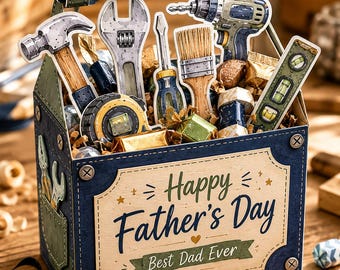 May include: A decorative toolbox filled with miniature tools, including a hammer, wrench, and drill. The box is navy blue with a label that reads "Happy Father's Day, Best Dad Ever."