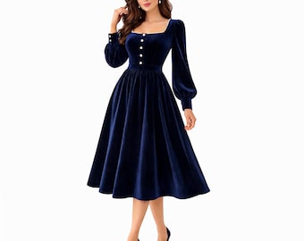 Navy Blue Velvet Midi Dress, Long Sleeve Square Neck A-Line Dress, Modest Wedding Guest Dress, Elegant Cocktail Party Dress for Women Evenin