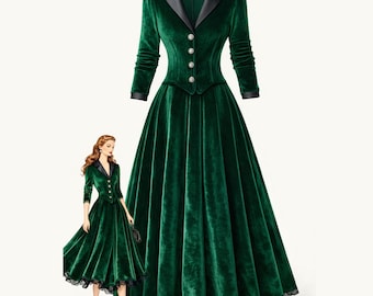 Emerald Green Velvet Victorian Dress, Long Sleeve Vintage Gothic Evening Gown, Elegant Winter Formal Dress, Lace Hem Maxi Dress for Women