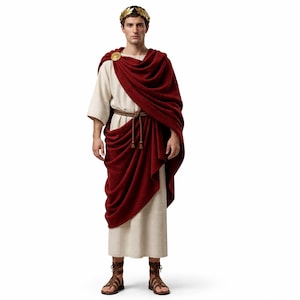 May include: A Roman emperor costume featuring a cream-colored tunic, a deep red toga draped over the shoulder, and a gold laurel wreath. The outfit includes a brown rope belt and brown leather sandals. A gold brooch secures the toga.