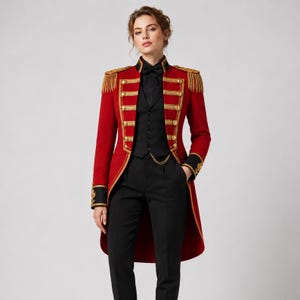 May include: A red military-style tailcoat jacket featuring gold braided epaulettes, gold buttons, and black trim, worn over a black button-down vest, a black collared shirt, and black trousers. The ensemble includes a gold chain detail on the vest.