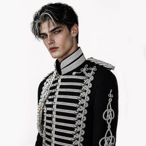 Men's Black Hussar Jacket, Military Dolman Coat, Silver Braided Band Blazer, Napoleonic Officer Coat, Wedding Groom Uniform