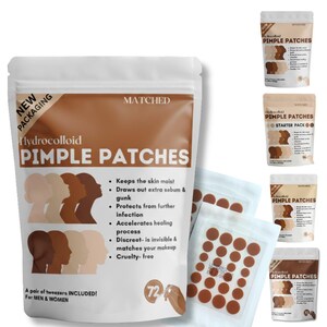 May include: A white pouch of Matched hydrocolloid pimple patches featuring brown text and illustrations of diverse skin tones. The packaging lists 72 patches, includes tweezers, and states benefits like keeping skin moist and drawing out sebum.