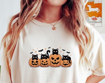 Halloween Shirt with Black Cats & Pumpkins – Comfort Colors Fall Tee