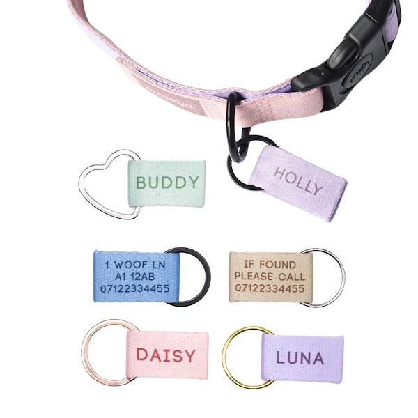 Personalised Dog ID Tag. Quiet, Custom Pet Tag, Durable Soft Fabric