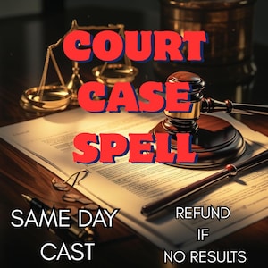 Peut inclure: Image avec un maillet, une balance de la justice et des documents, avec les mots "COURT CASE SPELL" en lettres rouges. Le texte supplémentaire comprend "SAME DAY CAST" et "REFUND IF NO RESULTS". La scène se déroule sur une surface en bois.