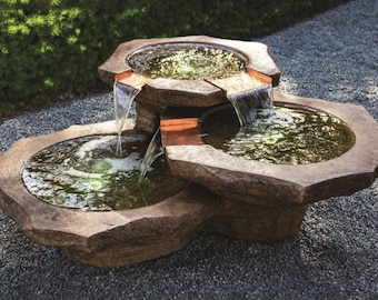 Modern 3 Bowl Garden Water Fountain with LED Lights, Outdoor Stone Water Feature, Patio Backyard Fountain, Luxury Zen Decor, Pump Included