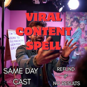 Op de afbeelding: Een man houdt een smartphone vast, met de tekst "VIRAL CONTENT SPELL" in rode letters. Extra tekst is "SAME DAY CAST" en "REFUND IF NO RESULTS". De achtergrond is een roze studio met verlichting.