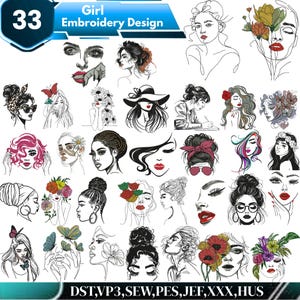 May include: A collection of 33 girl embroidery designs in various styles. The designs include line art portraits of women with flowers, butterflies, and other decorative elements. The text "Girl Embroidery Design" is at the top.