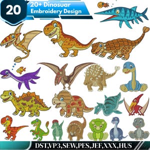 Könnte beinhalten: Eine Sammlung von über 20 Dinosaurier-Stickmustern in verschiedenen Farben und Stilen. Die Designs umfassen verschiedene Arten von Dinosauriern, wie T-Rex, Stegosaurus und Pterodactylus. Der Text "20+ Dinosaur Embroidery Design" ist ebenfalls enthalten.