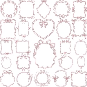 May include: A collection of pink line art frames in various shapes, including circles, squares, and hearts. Each frame is adorned with delicate bows, creating a whimsical and elegant design. Perfect for digital scrapbooking or invitations.