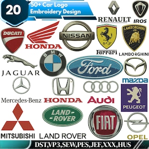 Könnte beinhalten: Eine Sammlung gestickter Autologos, darunter Ford, Honda und Ferrari. Das Bild zeigt eine Vielzahl von Automobil-Emblemen in verschiedenen Farben und Designs. Der Text oben lautet "50+ Car Logo Embroidery Design" und "20".