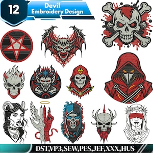 Puede incluir: Una colección de diseños de bordado con temática de diablo. Los diseños incluyen calaveras, demonios y un pentagrama, en rojo, negro y blanco. El texto "Devil Embroidery Design" está en la parte superior. El número "12" está en la esquina superior izquierda.