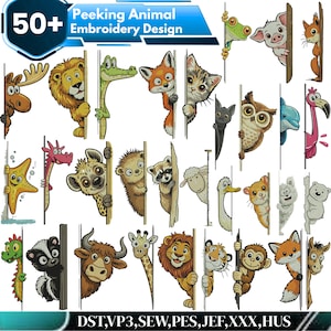 Puede incluir: Una colección de más de 50 diseños de bordado con varios animales asomándose por detrás de una línea vertical. Los diseños incluyen un alce, un león, un cocodrilo, un zorro, un gato, un búho y más. El texto "Peeking Animal Embroidery Design" está en la parte superior.
