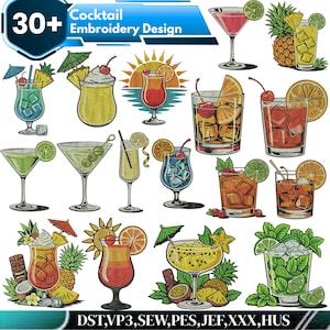 Peut inclure: Image présentant des motifs de broderie de cocktails colorés. Les illustrations incluent des cocktails avec des garnitures comme des cerises, des oranges et des citrons verts. Le texte "30+ Cocktail Embroidery Design" est affiché en haut.