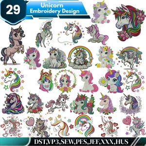 May include: A collection of 29 unicorn embroidery designs. The designs feature various colorful unicorns in different poses, some with flowers and rainbows. The text "Unicorn Embroidery Design" is displayed at the top.