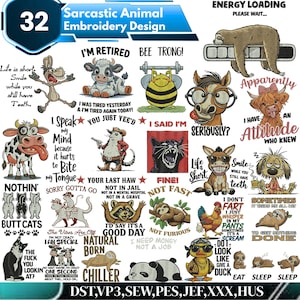 Puede incluir: Una colección de diseños de bordado de animales sarcásticos. Los diseños presentan varios animales con frases humorísticas, incluyendo una vaca, una abeja, un caballo y un perezoso. Los diseños están en una variedad de colores y estilos, con texto como "I'm Retired" y "Not Fast."
