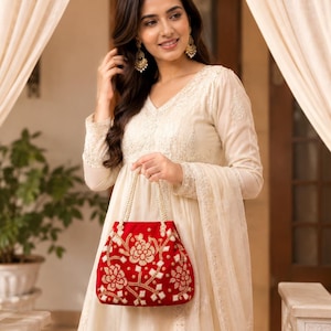 Bolso de mano rojo bordado con flores / Bolso de boda indio hecho a mano / Alternativa al Potli nupcial / Bolso de noche étnico / Regalo festivo para mujer