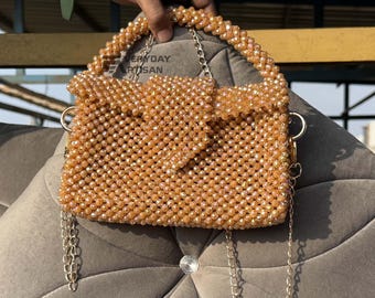 Handmade Gold Crystal Evening Bag: Beaded Wedding Clutch