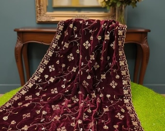 Maroon Velvet Dupatta | Hand Embroidered Floral Scalloped Shawl