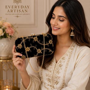 Black Floral Embroidered Clutch Bag | Handmade Indian Wedding Purse | Bridal Potli Alternative | Ethnic Evening Handbag | Festive Gift for