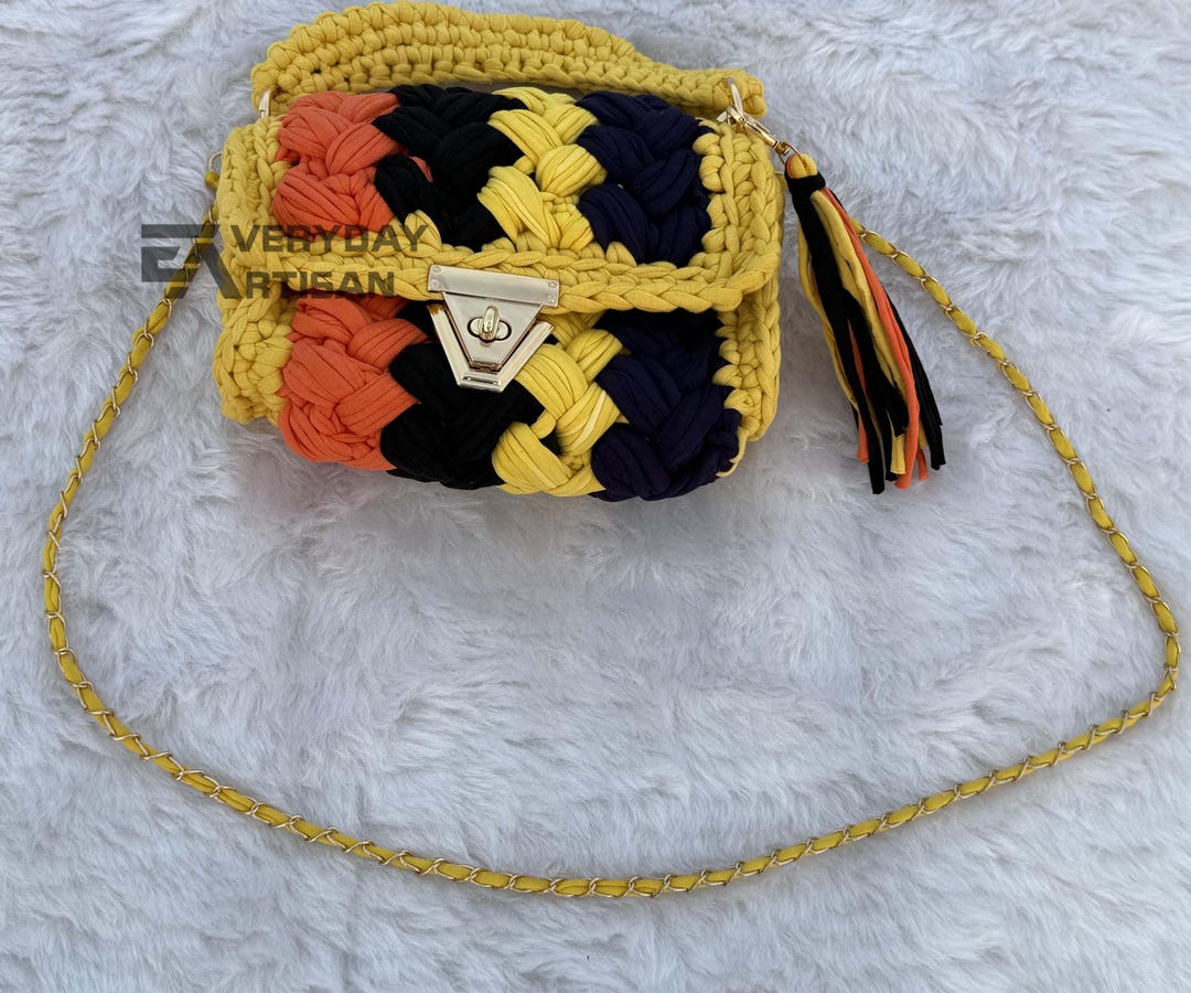 Handwoven Yellow Yarn Crochet Bag | Handmade Knitted Shoulder | Elegant ...