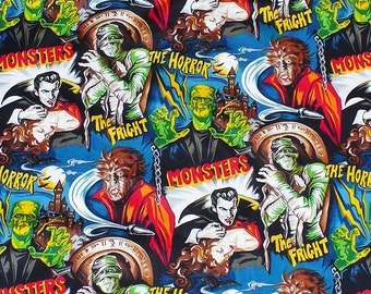 Pleasures and Pastimes Fabric, 16", Horror Movie Monsters,  Robert Kaufman, Dracula Frankenstein The Mummy Werewolf, cotton fabric