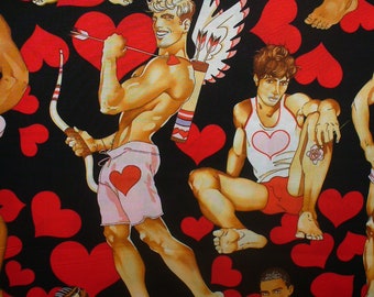 Alexander Henry Looking for Love, Male Pin Up Hunks, Valentine Fabric, Black Background, Oversized Figures, Cotton Fabric