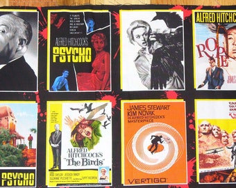 Alfred Hitchcock, Hitchcock Movies, Hitchcock Fabric, Horror Movie Posters, 1 Fabric Panel, 18 Squares, The Birds, Psycho, Vertigo