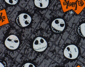 Retired Nightmare before Christmas Fabric, Jack Skellington, 18" by 21" , Jack's Head and Name, Gray and Orange