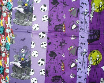 Nightmare before Christmas Fabric, 7 Fat quarters, Jack Bundles, Purples, Jack, Sally, & Zero, Cotton