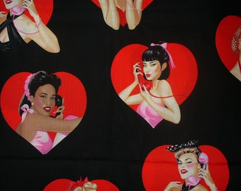 Alexander Henry dial  L O V E, Valentine Fabric, Oversized Pin Ups, On Black, By the Yard, Vargas Girls, Cotton