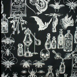 Dark Magic, Alexander Henry, Fabric, Potions & Brews, Death Certificate, Goth Fabric, Insects and Skulls, Spiders, By the Yard, Cottton