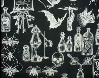 Dark Magic, Alexander Henry, Fabric, Potions & Brews, Death Certificate, Goth Fabric, Insects and Skulls, Spiders, By the Yard, Cottton