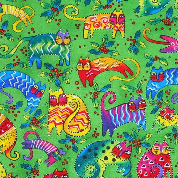 Laurel Burch Cats Fabric, Colorful Cats, Primary Colors, Tossed Cats, By the Yard, Cotton fabric