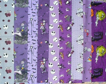 Nightmare before Christmas Fabric, 9 Fat quarters, Jack Bundles, Purples, Jack, Sally, & Zero, Cotton