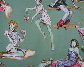 Beauties and Brains Fabric, Zombie Fabric, Yard, Pin Up Zombie, Alexander Henry,  Green Background, Zombie Nurse, Zombie Cowgirl, Cotton