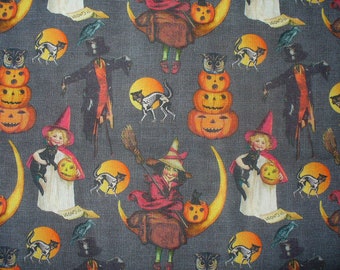 Cats and Treats Fabric, Vintage Children, Costumes, Witches, Black Cats, Moon, Halloween Fabric, Cotton Fabric