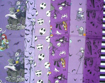 Nightmare before Christmas Fabric, 7 Fat quarters, Jack Bundles, Purples, Jack, Sally, & Zero, Cotton