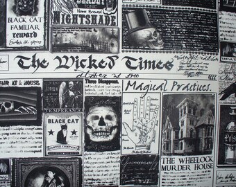 Wicked Times Newspaper, Halloween Fabric, Wicked CD1825, Timeless Treasures,  Goth Newspaper Ads, Cotton