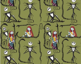 Nightmare before Christmas Fabrics,  Jack and Sally, Green / Gold , 4 Fat quarters, Tim Burton,  Cotton fabric