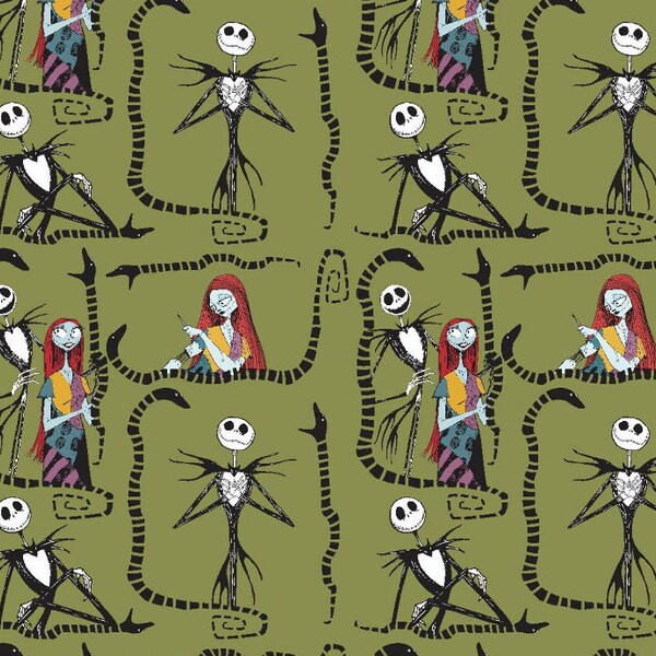 Nightmare before Christmas Fabrics,  Jack and Sally, Green / Gold , 4 Fat quarters, Tim Burton,  Cotton fabric