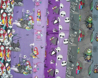 Nightmare before Christmas Fabric, 8 Fat quarters, Jack Bundle, Purple and Grays, Jack, Sally, & Zero, Cotton