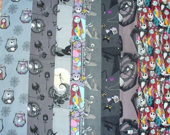 Nightmare before Christmas Fabric, 8 Fat quarters, Jack Bundles, Grays, Jack, Sally, & Zero, Cotton